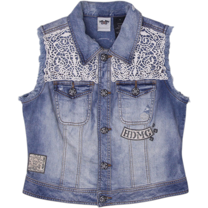 Ladies Harley Davidson Blue Denim Lace Skull Design Vest Size L | Migration_Vests | Fashion Rerun