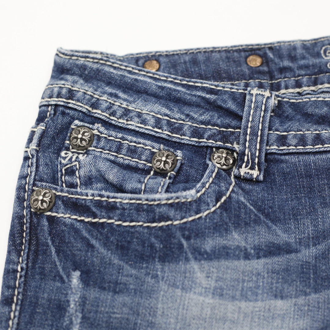Y2K Ladies Miss Me JW5188B3 Bootcut Jeans Distressed Blue Rhinestone