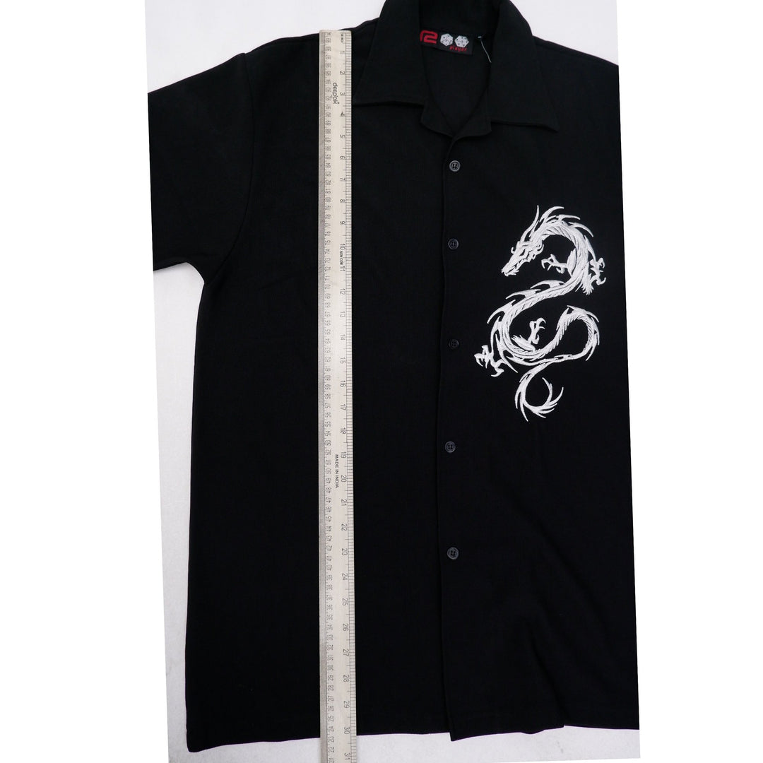 Mens R2 PLAYER Embroidered Dragon Black Short Sleeve Button Down Shirt