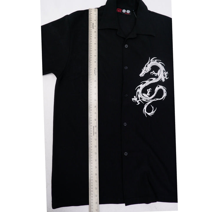 Mens R2 PLAYER Embroidered Dragon Black Short Sleeve Button Down Shirt