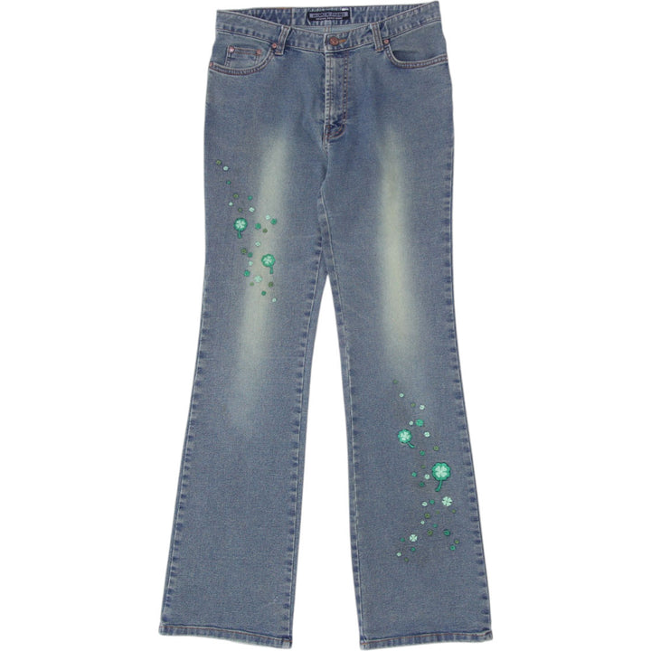 Y2K Ladies Jeans Blue Floral Embroidered Flare