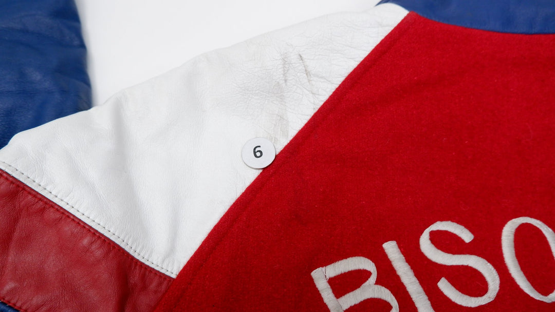 Vintage Mens Classic Varsity Jacket Red Navy Wool Leather Bisons | Migration_Jackets - View 9 | Fashion Rerun