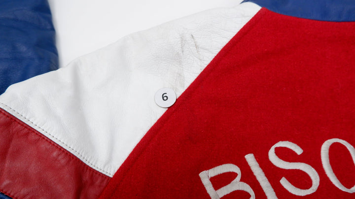 Vintage Mens Classic Varsity Jacket Red Navy Wool Leather Bisons | Migration_Jackets - View 9 | Fashion Rerun