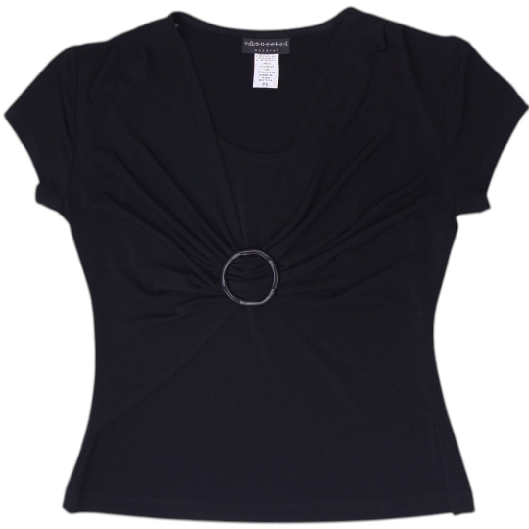 Y2K Ladies Connected Apparel Black Petite V-Neck Ruched Ring Top