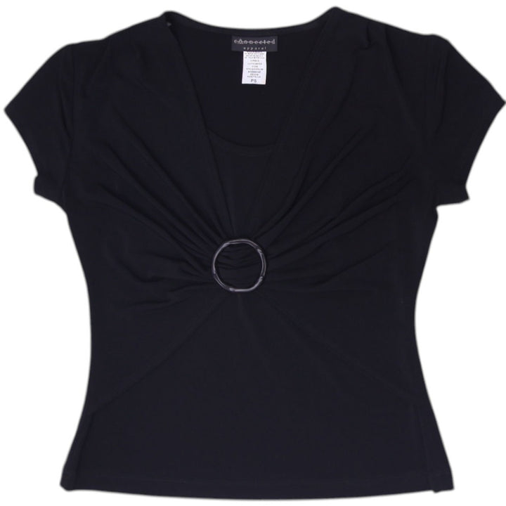 Y2K Ladies Connected Apparel Black Petite V-Neck Ruched Ring Top