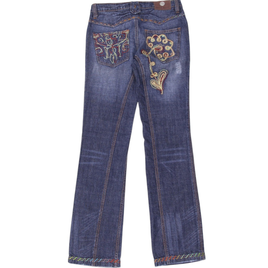 Y2K Ladies Antik Denim Embellished Jeans Blue Embroidered Flare Size 29