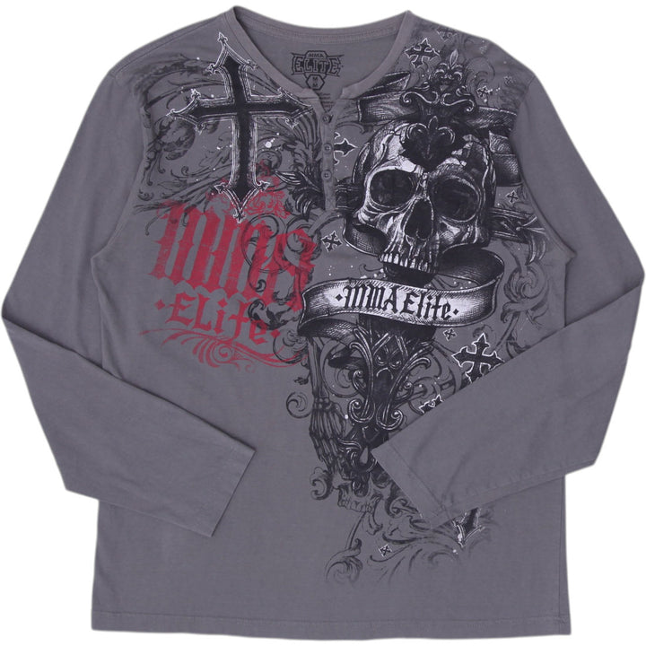 Y2K Mens MMA Elite Graphic T-Shirt Gray Skull Cross Design Size M