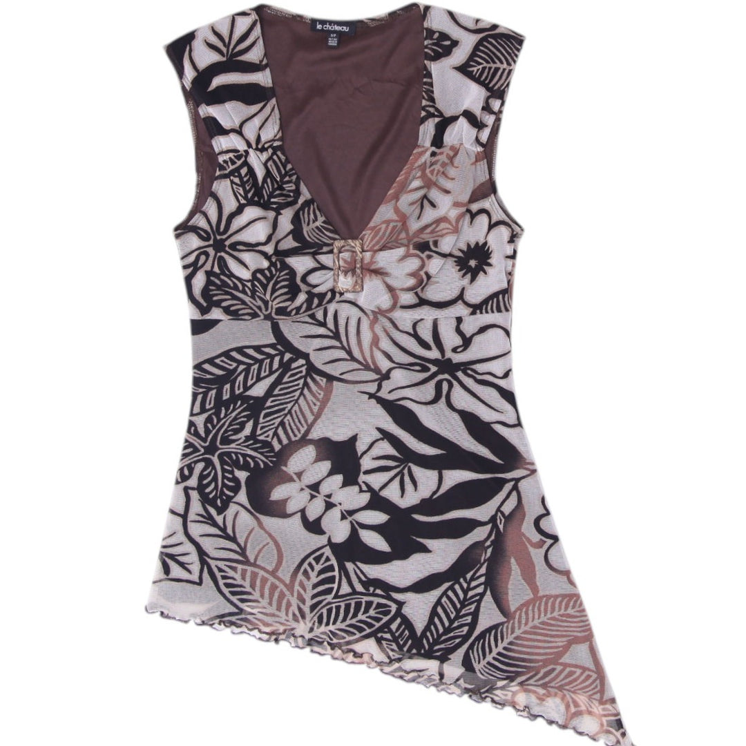 Y2K Ladies Le Chateau Asymmetrical Micro-Mesh Floral Top Size S/P