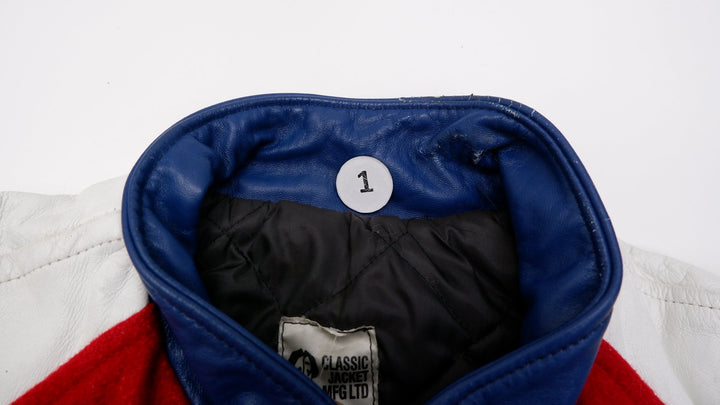 Vintage Mens Classic Varsity Jacket Red Navy Wool Leather Bisons | Migration_Jackets - Detail View | Fashion Rerun