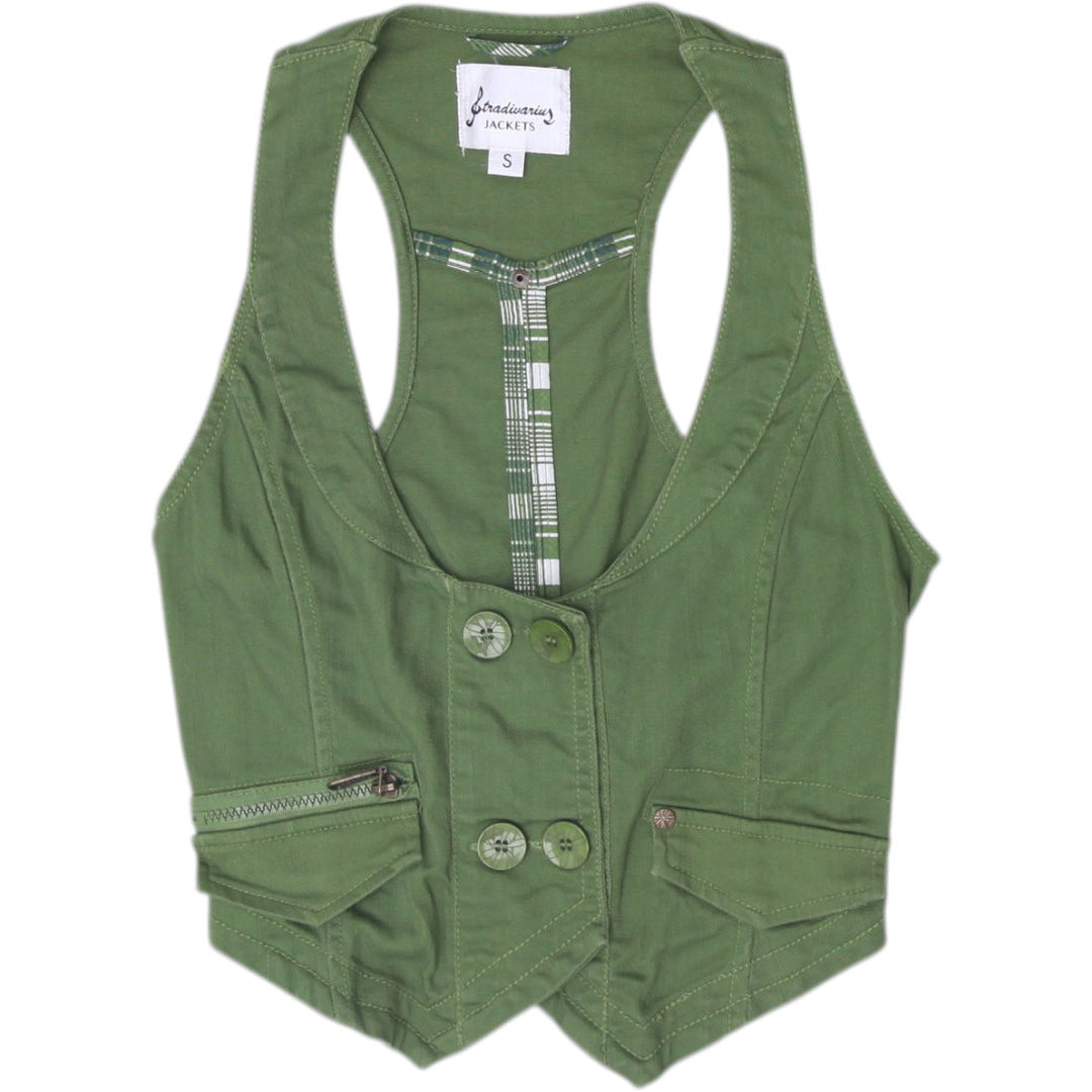 Y2K Ladies Stradivarius Cropped Utility Waistcoat Vest Cargo Indie Sleaze Size S