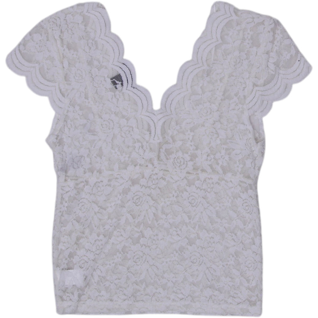 Y2K Ladies White Lace Floral Short Sleeve Crop Top Size M | Migration_Y2K Tops - Side View | Fashion Rerun