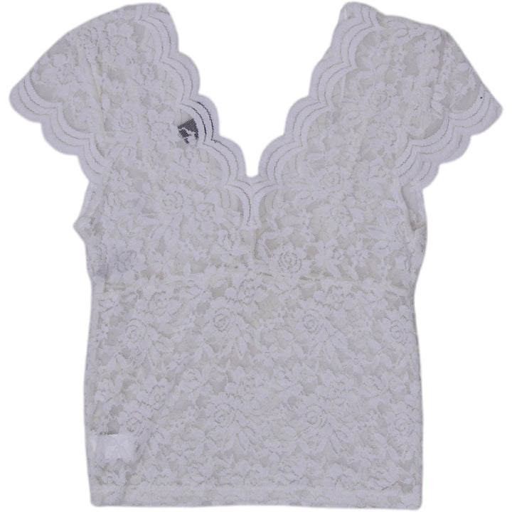 Y2K Ladies White Lace Floral Short Sleeve Crop Top Size M | Migration_Y2K Tops - Side View | Fashion Rerun
