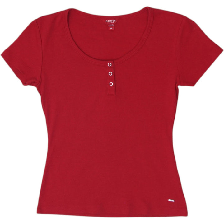 Y2K Ladies Guess Red Ribbed Button Henley T-Shirt Size M