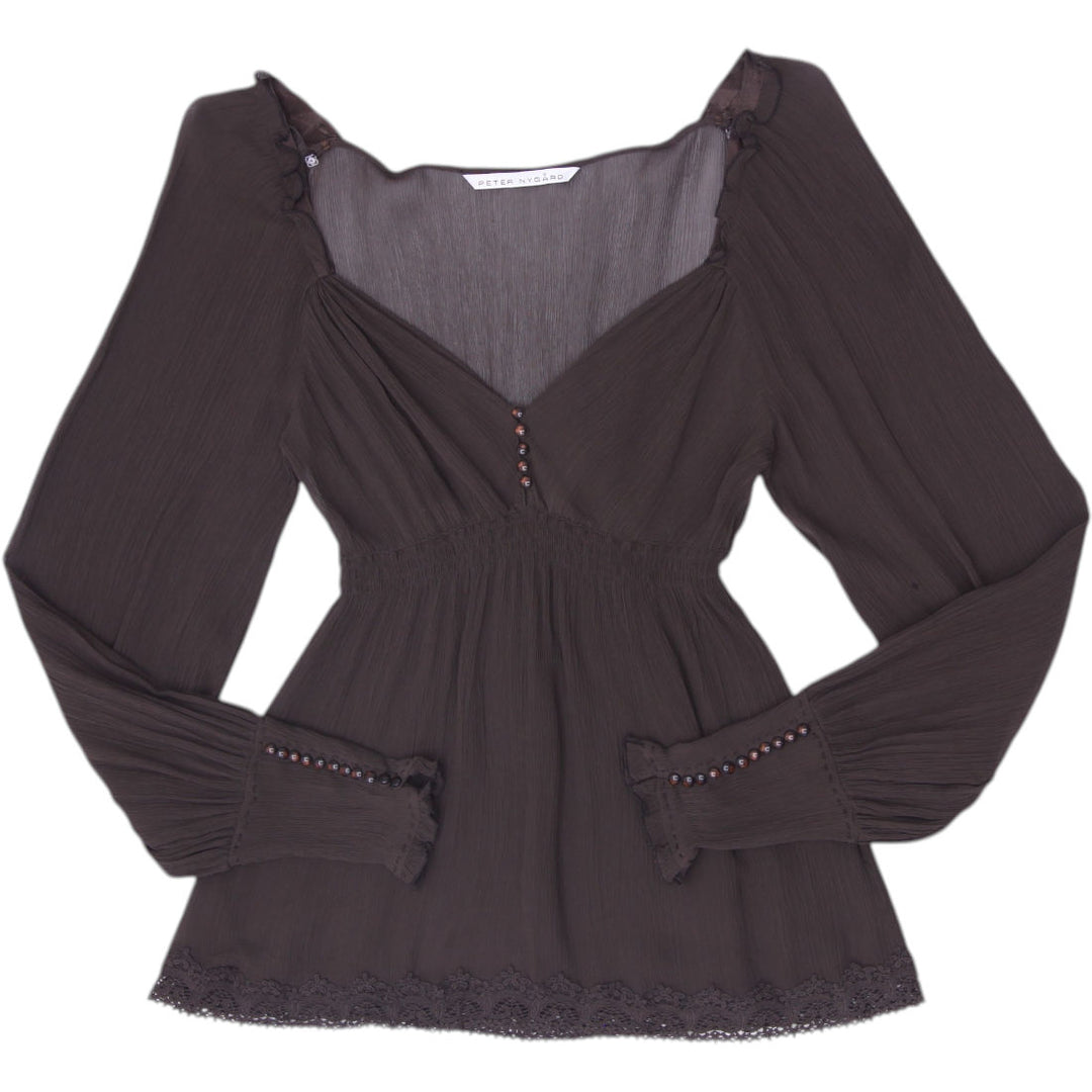 Y2K Ladies Peter Nygård Dark Brown Chiffon Milkmaid Peasant Blouse Smocked Waist