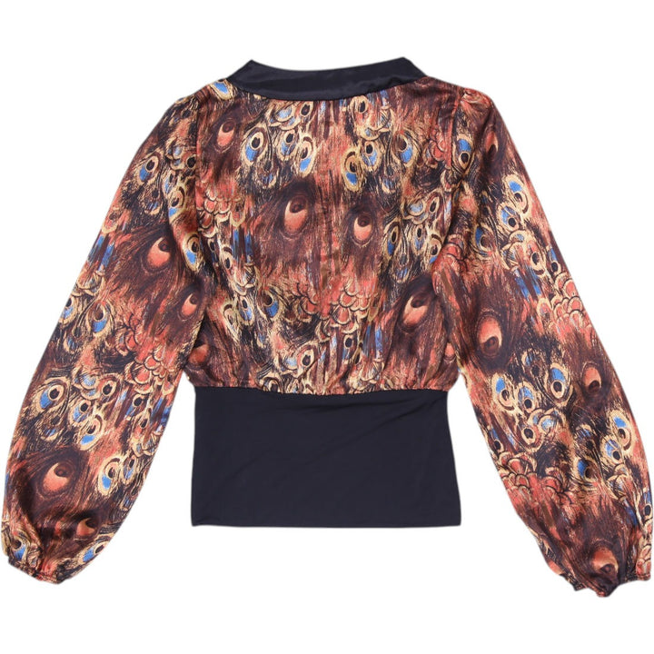 Y2K Ladies Seductions Peacock Feather Print Satin Wrap Long Sleeve Top