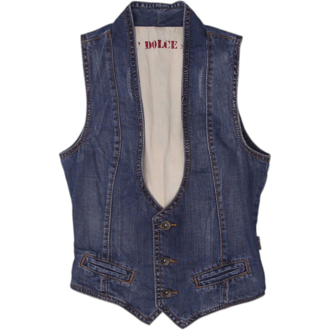 Y2K Ladies Blue Button Pockets Casual Denim Vest Size XS | Migration_Y2K Tops | Fashion Rerun