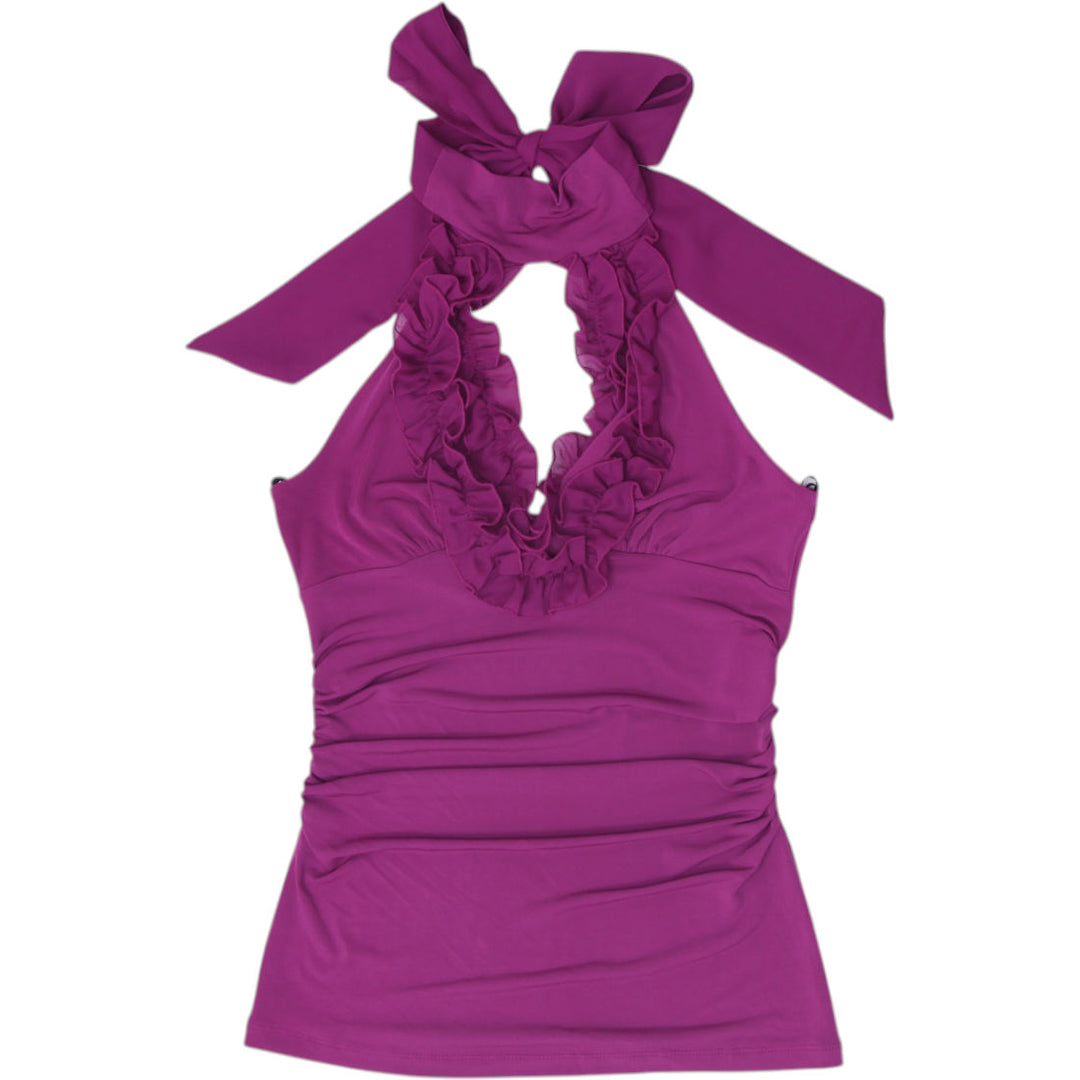 Y2K Ladies Candie's Ruffle Keyhole Magenta Purple Ruched Halter Top Size L