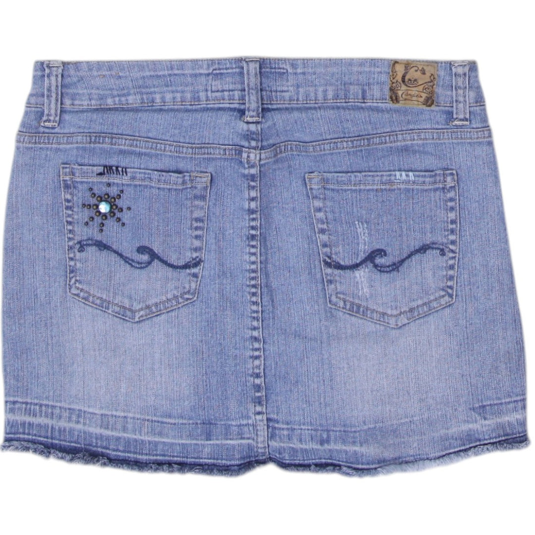 Y2K Ladies Embellished Casual Blue Denim Mini Skirt Size 9 | Migration_Skirts - Side View | Fashion Rerun