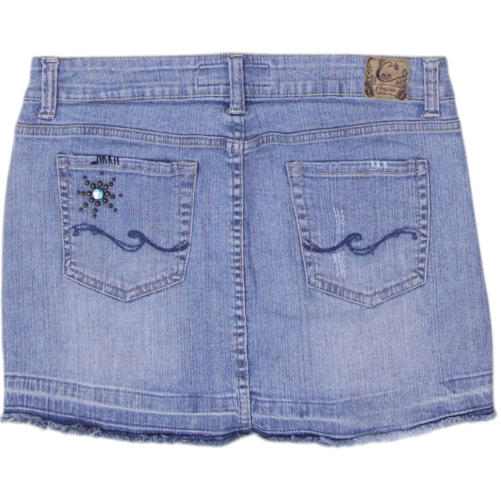 Y2K Ladies Embellished Casual Blue Denim Mini Skirt Size 9 | Migration_Skirts - Side View | Fashion Rerun