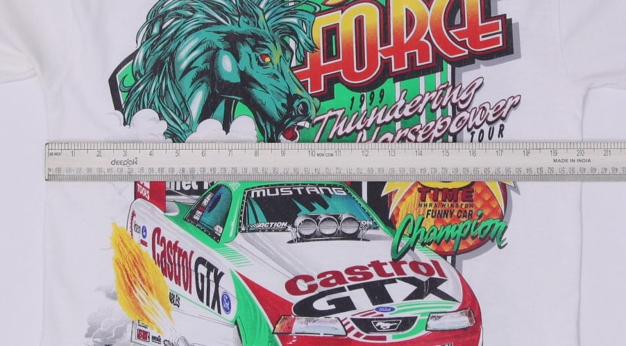 Vintage John Force Racing Castrol GTX 8-Time Champion Mustang Funny Car T-Shirt | Migration_T-Shirts - Altern | Fashion Rerun