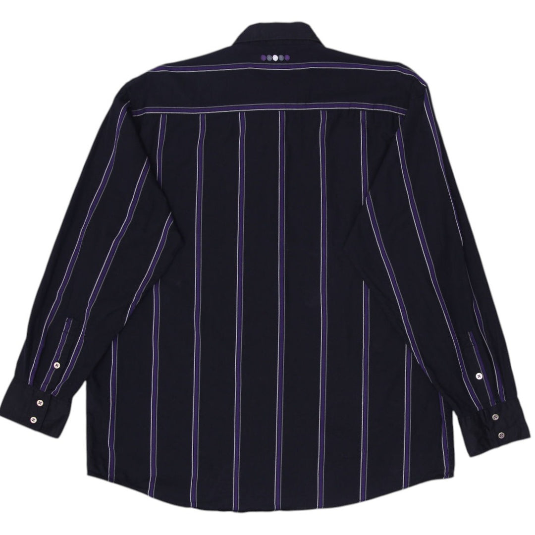 Coogi Gold Button Embroidered Crest Patch Black Purple Stripe Shirt Size XXL | Migration_Shirts - Side View | Fashion Rerun