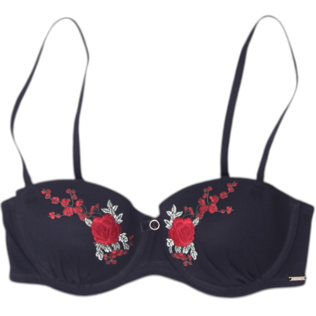 Ladies La Vie en Rose Black Red Embroidered Rose Convertible Strapless Bra 34C