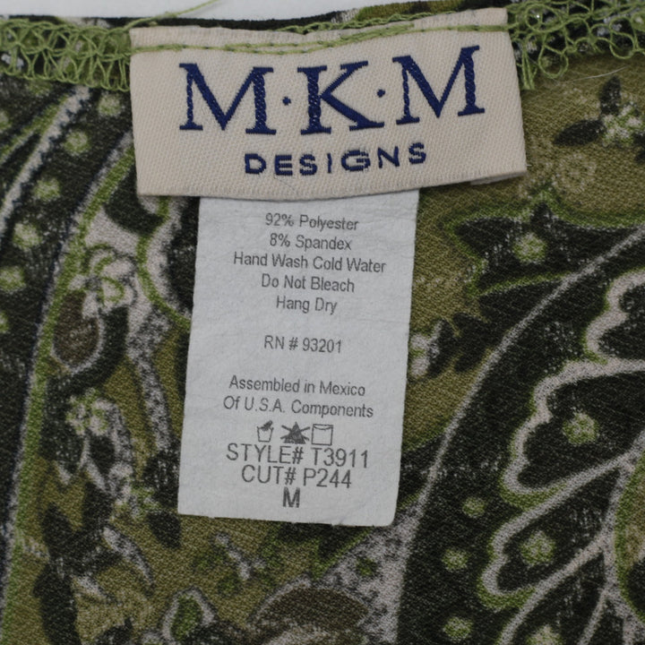Y2K Ladies MKM Designs Olive Green Paisley Mesh Blouse Bell Sleeves Medium