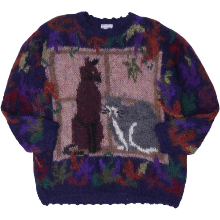 Vintage Ladies Icelandic Design Mohair Wool Nylon Cat Graphic Sweater