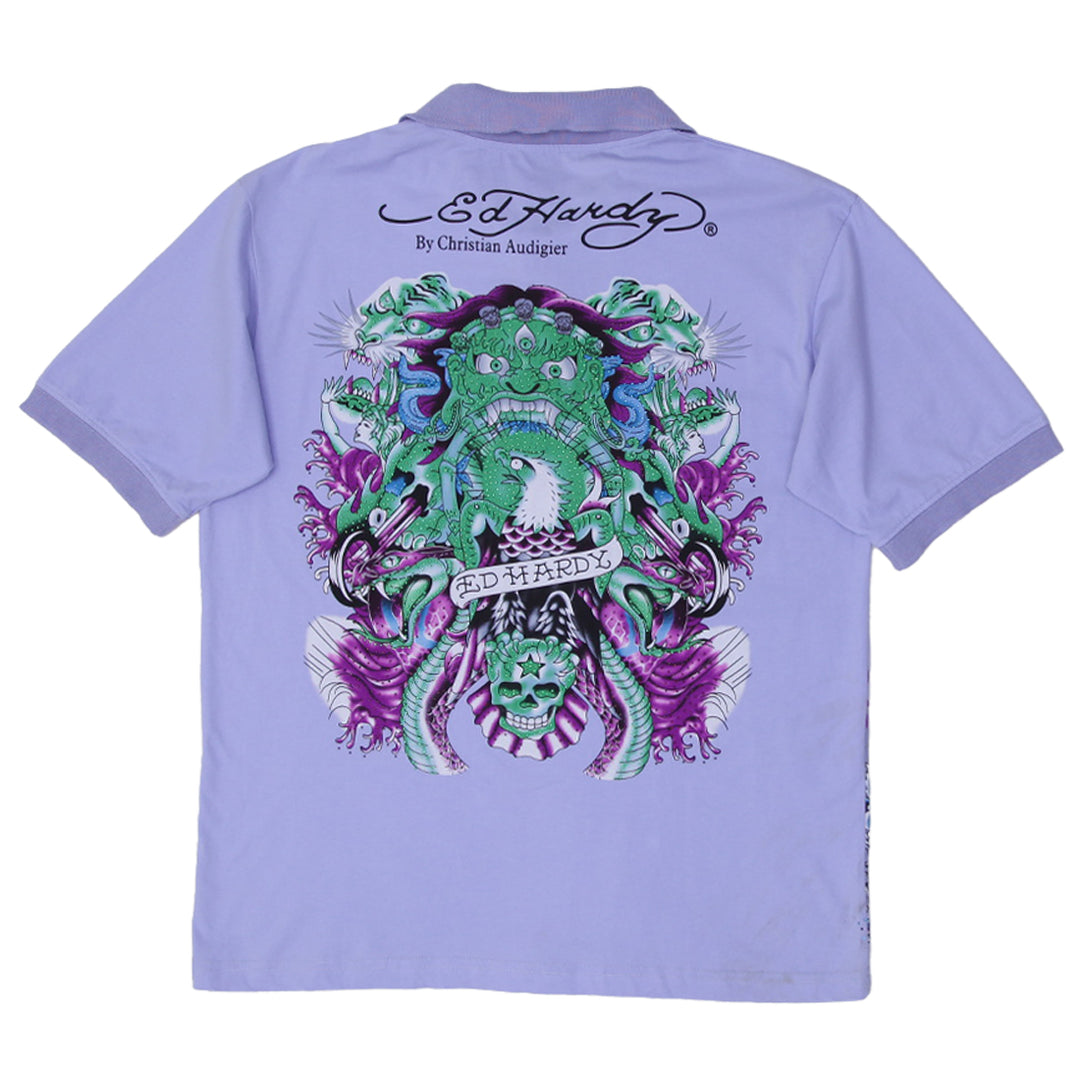 Y2K Mens Ed Hardy By Christian Audigier Beaded Polo T-Shirt