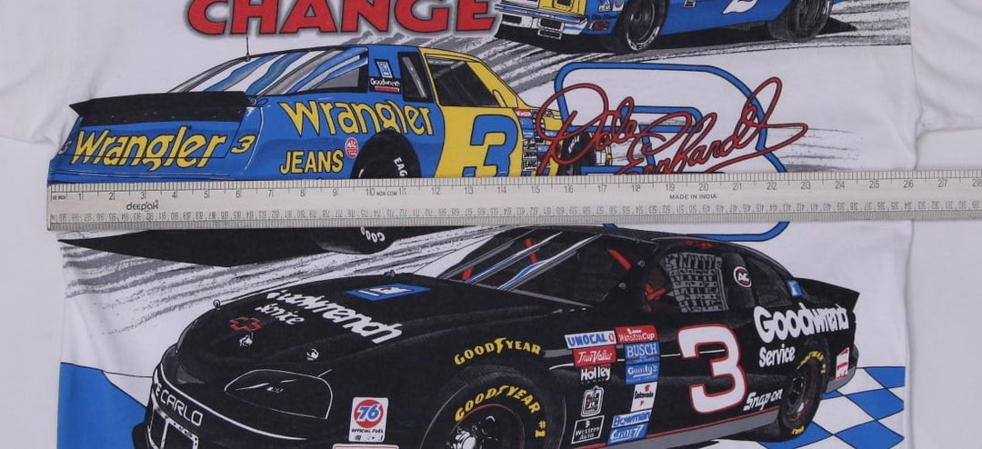 Vintage 1996 NASCAR Dale Earnhardt "Times May Change" All Over Print (AOP) White T-Shirt | Migration_T-Shirts | Fashion Rerun
