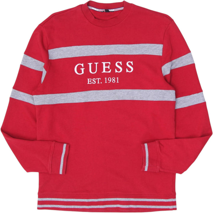 Mens Guess Sweatshirt Red Gray Striped Logo Graphic
