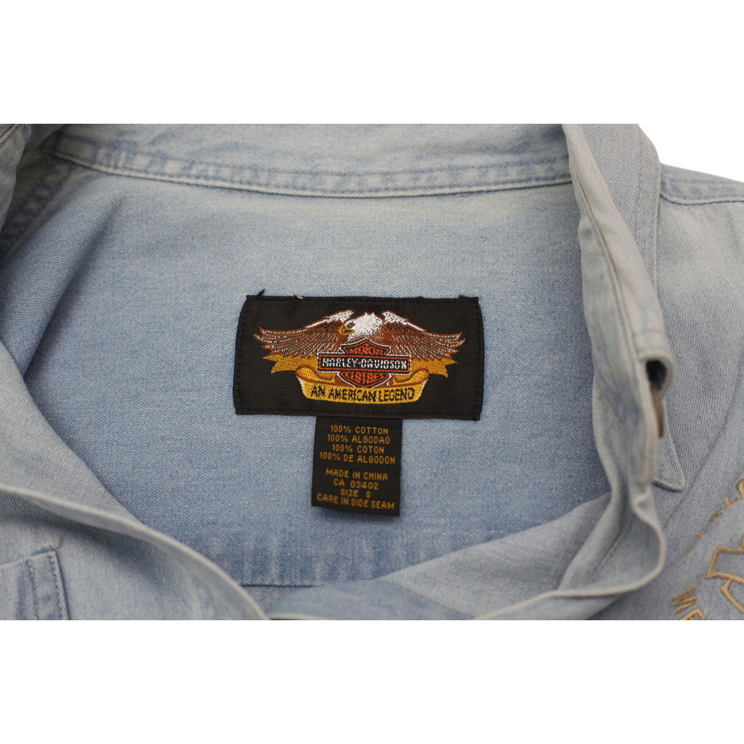 Vintage Ladies Harley Davidson Denim Shirt Light Blue Embroidered Logo