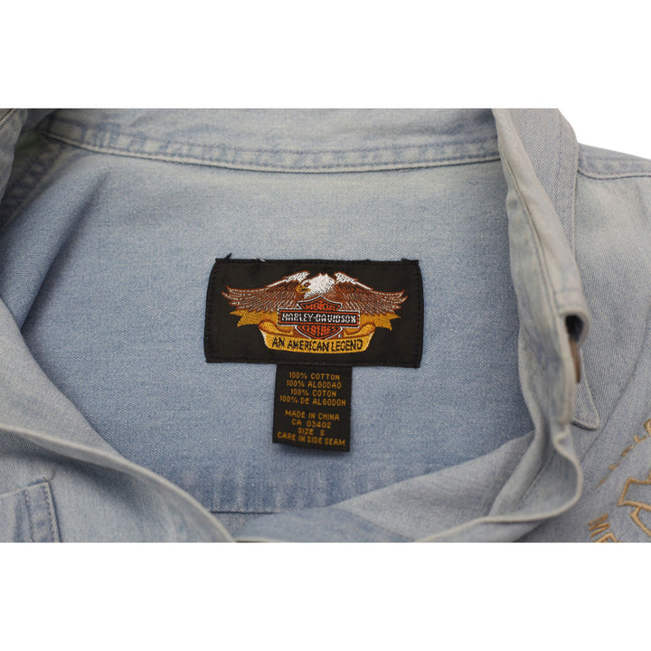 Vintage Ladies Harley Davidson Denim Shirt Light Blue Embroidered Logo