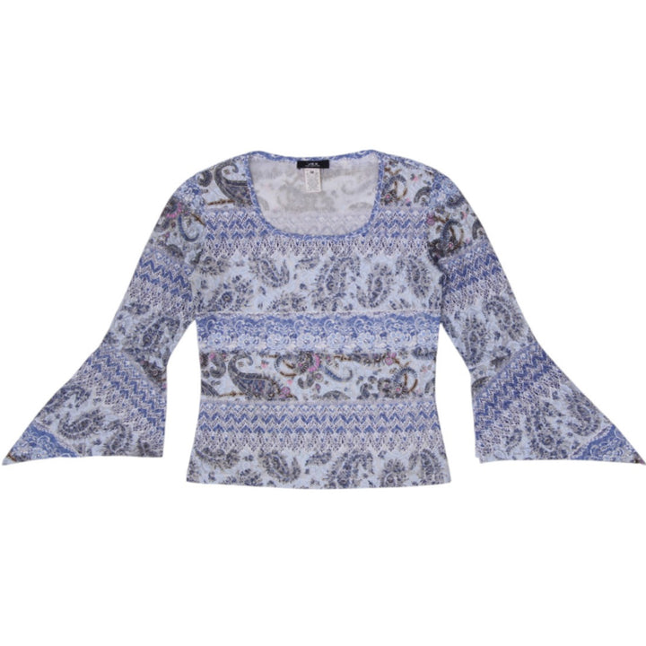 Y2K Ladies JEX Collection Blue Paisley Mesh Bell Sleeve Top Made in Canada 38