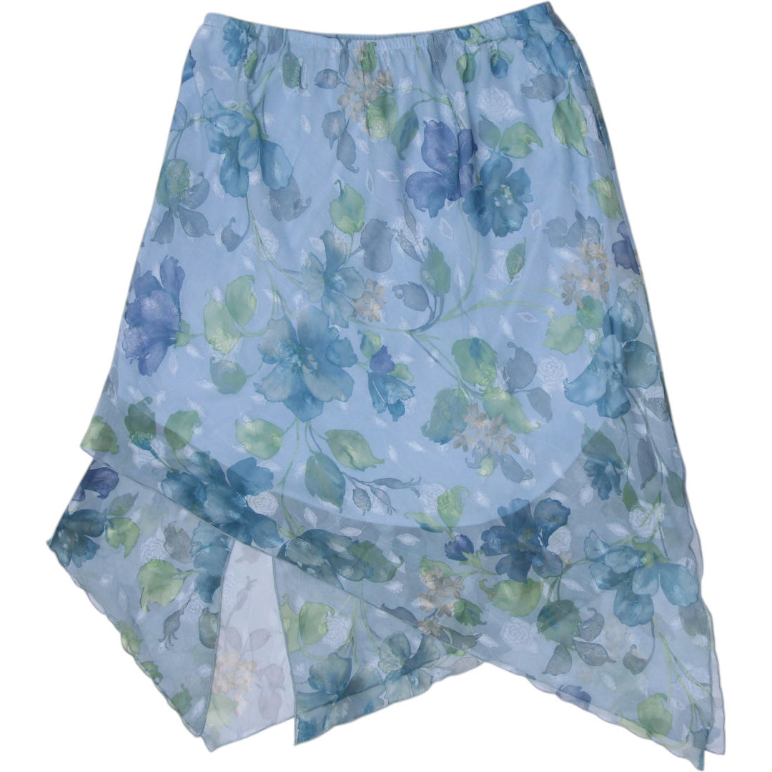 Y2K Ladies Pastel Blue Floral Mesh A-Line Midi Skirt