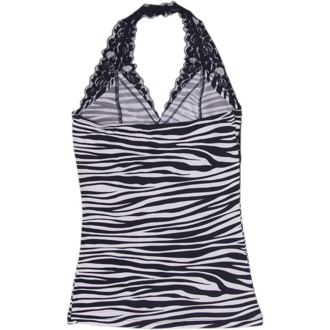 Y2K Ladies Lipstick Halter Top Black White Zebra Lace