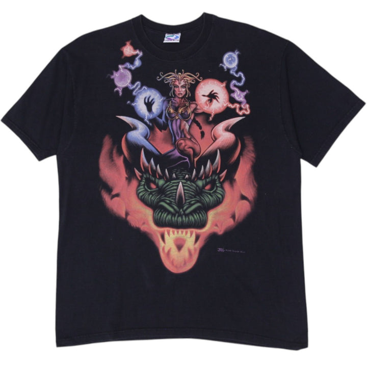 Vintage 90s Liquid Blue Dragon Priestess Sorceress Black T-Shirt Made In USA XL | Migration_T-Shirts | Fashion Rerun