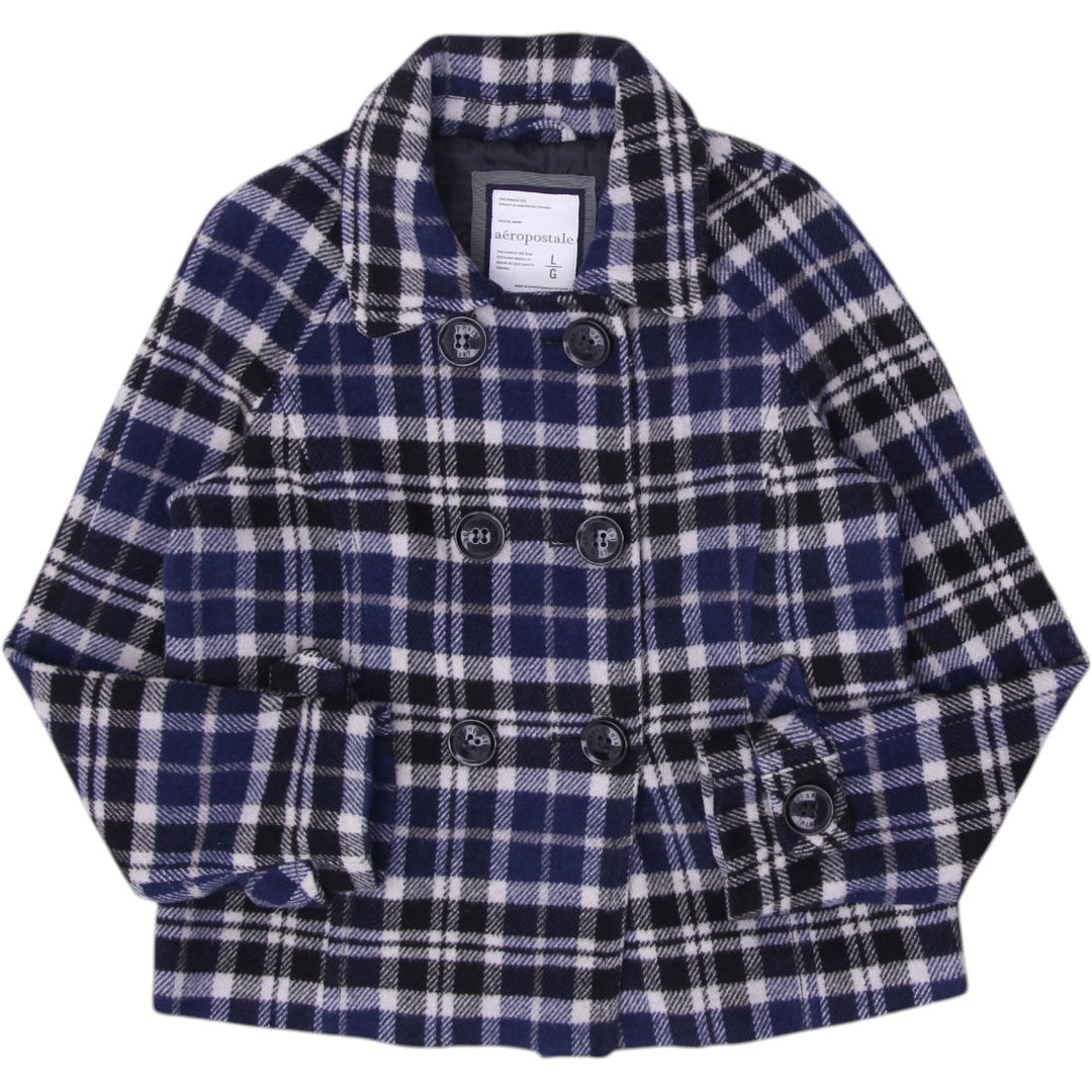 Y2K Ladies Aeropostale Plaid Pea Coat Navy Wool Lined Buttoned Jacket Size L | Migration_Jackets | Fashion Rerun