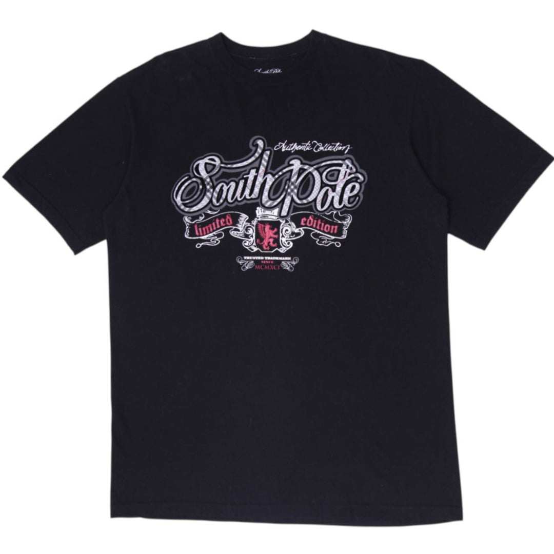 Y2K Mens Southpole Black Graphic T-Shirt Size Large Cyber Grunge