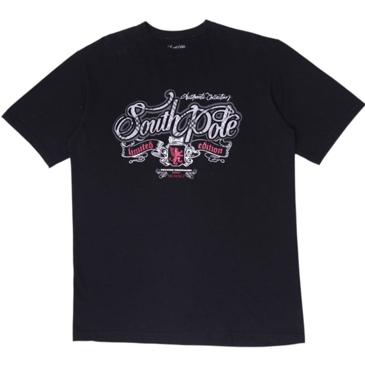 Y2K Mens Southpole Black Graphic T-Shirt Size Large Cyber Grunge