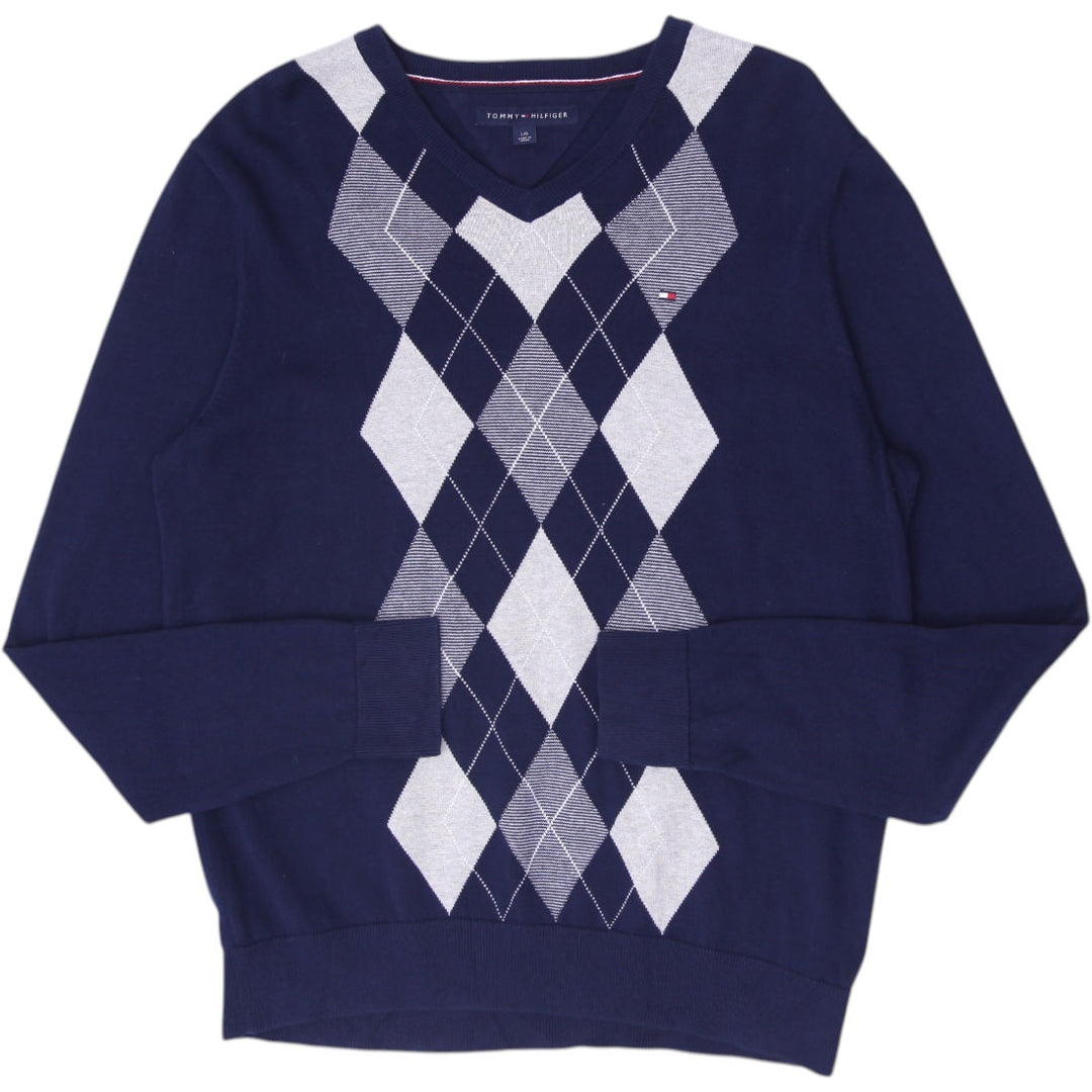 Mens Tommy Hilfiger Argyle Navy Sweater V-Neck Sweater Size L