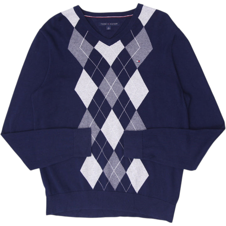 Mens Tommy Hilfiger Argyle Navy Sweater V-Neck Sweater Size L