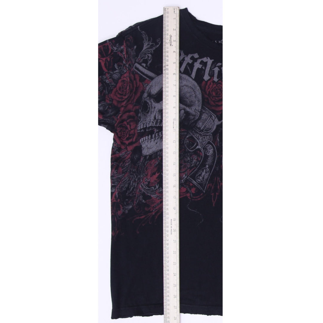 Y2K Mens Affliction Sematary Haunted Mound Skull Roses Guns Aged Size L