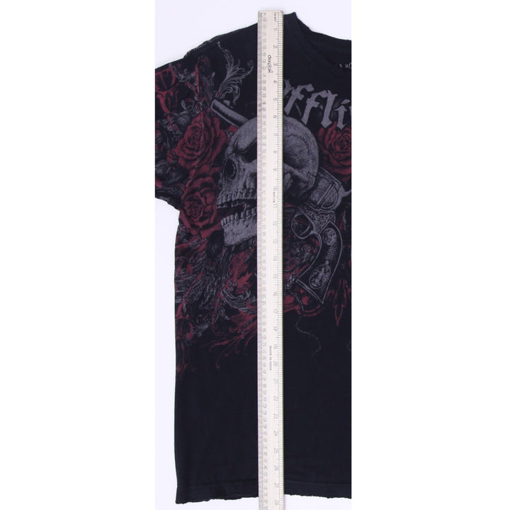 Y2K Mens Affliction Sematary Haunted Mound Skull Roses Guns Aged Size L