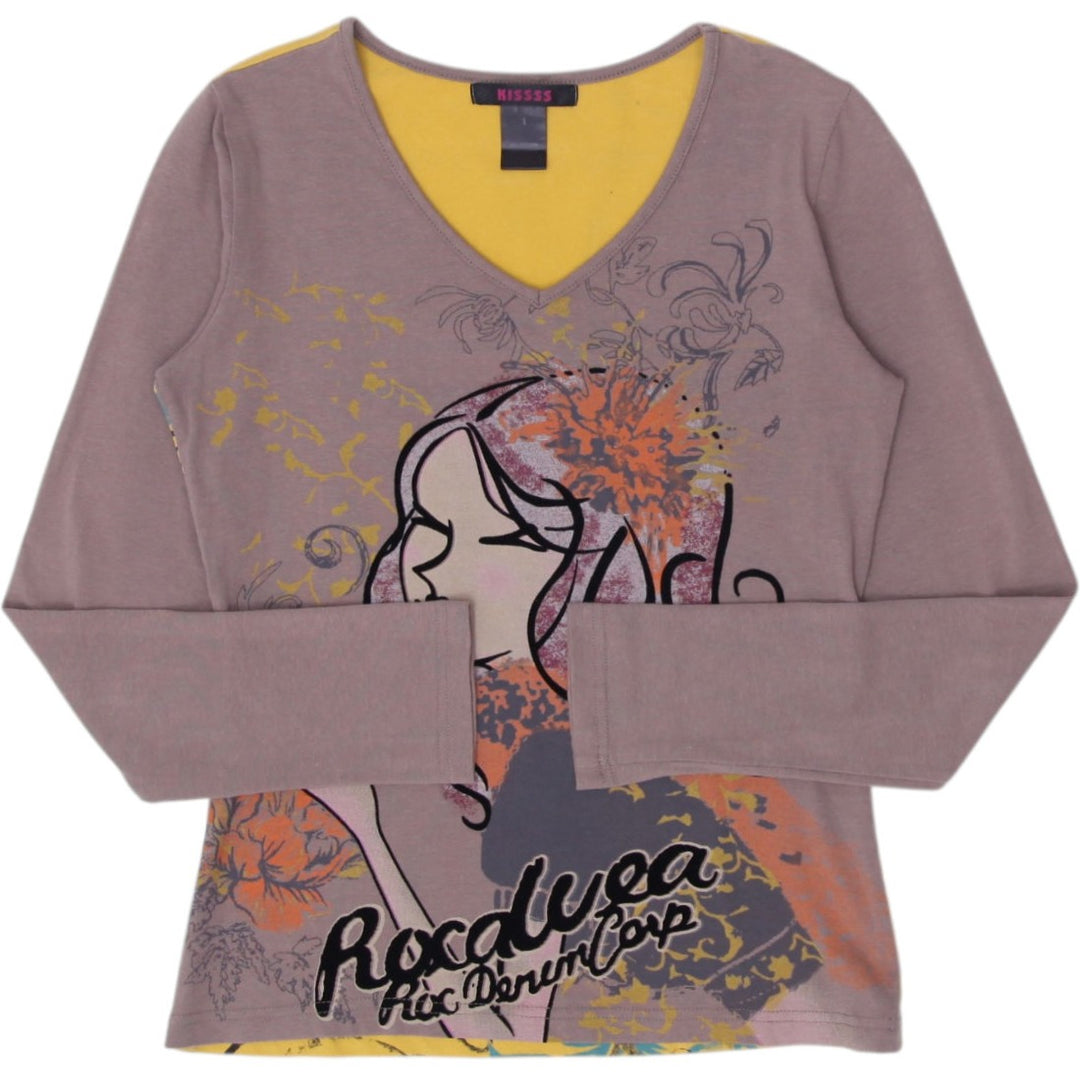 Y2K Ladies Kiss Brown Graphic Long Sleeve To Size 1