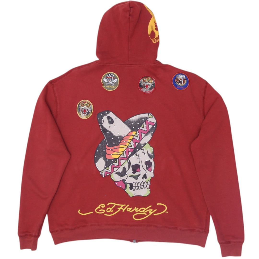 Y2K Ladies Ed Hardy Rhinestone Skull Zip Up Burgundy Hoodie Large