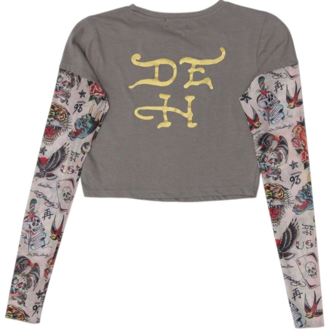 Y2K Ladies Ed Hardy Crop Top Green Tattoo Print Graphic | Migration_Y2K Tops - Side View | Fashion Rerun