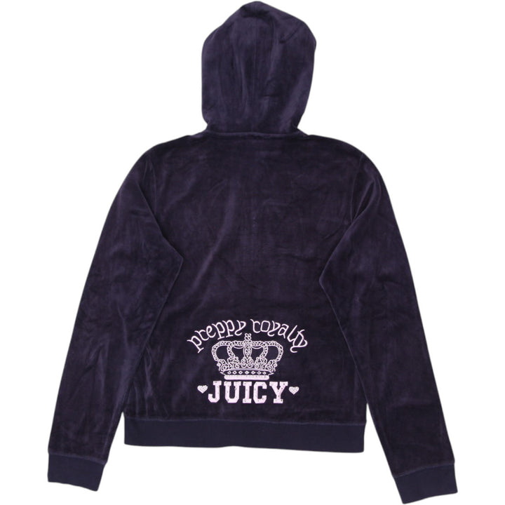 Y2K Ladies Juicy Couture Hoodie Navy Velour Full Zip Crown Logo XXL