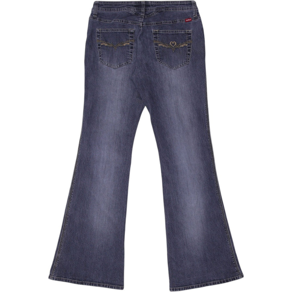 Y2K Ladies Angel Dark Blue Denim Embroidered Pockets Flare Jeans Size | Migration_Jeans & Pants - Side View | Fashion Rerun