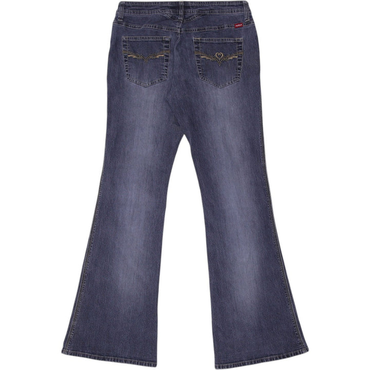 Y2K Ladies Angel Dark Blue Denim Embroidered Pockets Flare Jeans Size | Migration_Jeans & Pants - Side View | Fashion Rerun